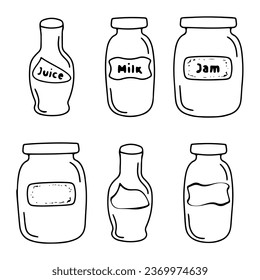 Sketch image of a kitchen container, jar, jug, bottle. Doodles of a dishes, crockery, utensils, dinnerware, kitchenware
