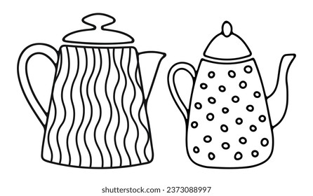 Sketch image of kitchen kettle, teapot, coffeepot, milk jug. Doodles of dishes, crockery, utensils, dinnerware