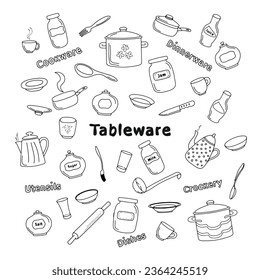 Sketch image of kitchen tableware. Doodles of dishes, crockery, utensils, cookware, dinnerware, cutlery, kitchenware