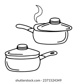 Imagen de boceto de vajilla de cocina, sartén, olla, cacerola, sartén. Doodles, vajilla, utensilios, vajilla, utensilios de cocina