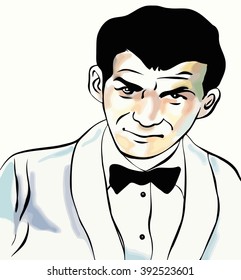 sketch image of a man's head in a white suit and black butterfly