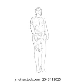 sketch image of an office woman walking with a small bag in her hand