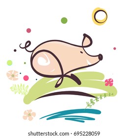 Sketch image of running pig. Element design illustration, poster, banner, logo for fun event show. Boar, pig symbol of 2019 chinese moon new year. 