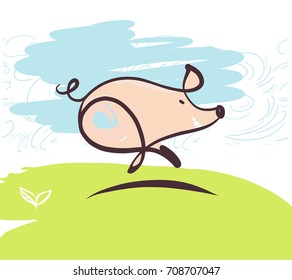 Sketch image of running pig. Element design illustration, poster, banner, logo for fun event show. Boar, pig symbol of 2019 chinese moon new year. 