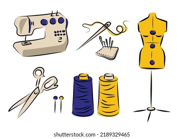 Sketch Image Of Sewing Equipment, Sewing Machine, Overlocker, Sewing Mannequin, Dummy, Threads, Pins, Needles, Scissors