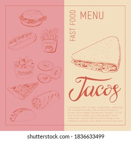 Sketch image of tacos in the style of a sketch on a craft background. Fast food menu - hot dog, burrito, Taco, hamburger, French fries, chicken wings. Vector template for labels, price tags, flyers.