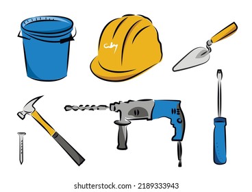 Sketch image of tools for construction and repair, construction bucket, hard hat, trowel, spatula, hammer, nail, screw, perforator, drill and screwdriver