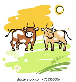 Sketch image of two cow on grass. Sun and flower. Vecor illustration. 