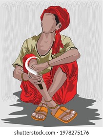 Sketch of Indian farmer, Illustration of poor man, Vector line art of India's villager