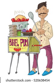 Sketch of indian street food vendor is selling traditional indian dish BHEL PURI - cartoon