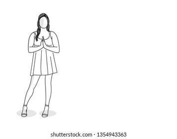 Sketch of a indian woman holding hands in prayer position, Namaste, vector illustration