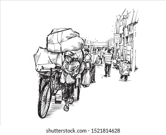 Sketch of Indian worker carries a heavy stuff on a bicycle at a local market in India, hand draw