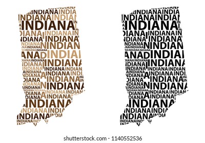 Sketch Indiana (United States of America) letter text map, Indiana map - in the shape of the continent, Map Indiana - brown and black vector illustration