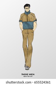 Sketch. Indie man. Handsome stylish man showcasing street fashion