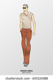 Sketch. Indie man. Handsome stylish man showcasing street fashion