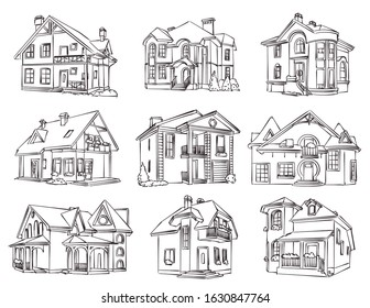 Sketch of individual house - vector set. Isolated illustration for design on white background