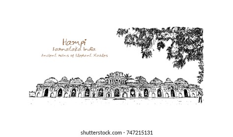 Sketch of Indo-Islamic style structure used as the stables for the royal elephants of the Vijayanagara Empire Hampi, Karnataka, India in vector illustration.