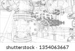 Sketch of industrial equipment. Vector rendering of 3d. Wire-frame style. The layers of visible and invisible lines are separated