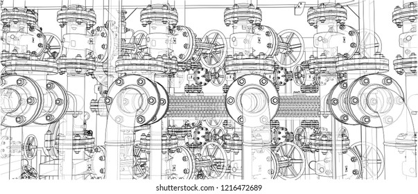 Sketch of industrial equipment. Vector rendering of 3d. Wire-frame style. The layers of visible and invisible lines are separated