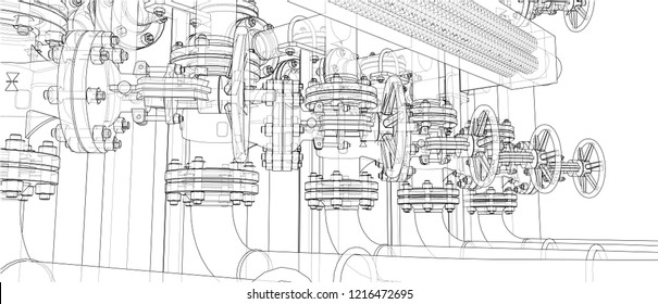Sketch of industrial equipment. Vector rendering of 3d. Wire-frame style. The layers of visible and invisible lines are separated