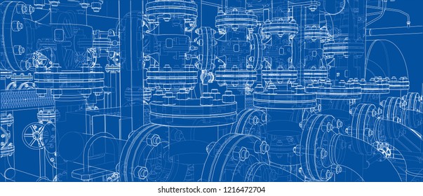 Sketch of industrial equipment. Vector rendering of 3d. Wire-frame style. The layers of visible and invisible lines are separated