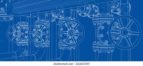 Sketch of industrial equipment. Vector rendering of 3d. Wire-frame style. The layers of visible and invisible lines are separated
