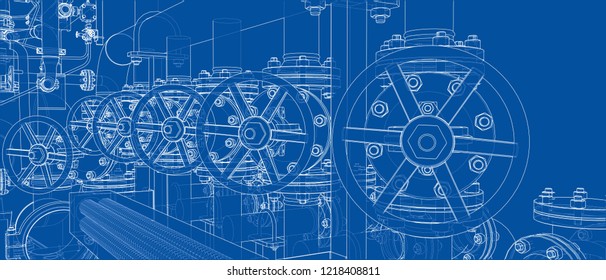 Sketch of industrial equipment. Vector rendering of 3d. Wire-frame style. The layers of visible and invisible lines are separated