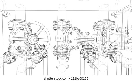 Sketch of industrial equipment. Vector rendering of 3d. Wire-frame style. The layers of visible and invisible lines are separated