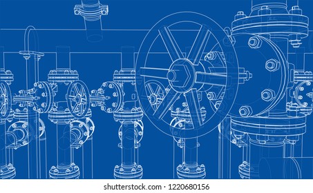 Sketch of industrial equipment. Vector rendering of 3d. Wire-frame style. The layers of visible and invisible lines are separated