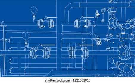 Sketch of industrial equipment. Vector rendering of 3d. Wire-frame style. The layers of visible and invisible lines are separated
