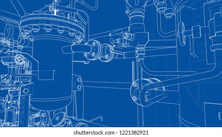 Sketch of industrial equipment. Vector rendering of 3d. Wire-frame style. The layers of visible and invisible lines are separated