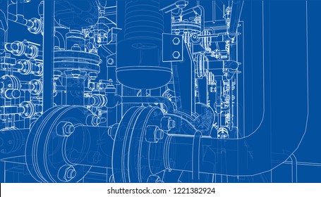 Sketch of industrial equipment. Vector rendering of 3d. Wire-frame style. The layers of visible and invisible lines are separated