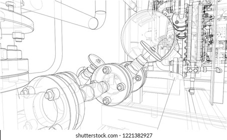 Sketch of industrial equipment. Vector rendering of 3d. Wire-frame style. The layers of visible and invisible lines are separated