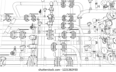 Sketch of industrial equipment. Vector rendering of 3d. Wire-frame style. The layers of visible and invisible lines are separated