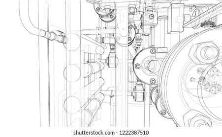 Sketch of industrial equipment. Vector rendering of 3d. Wire-frame style. The layers of visible and invisible lines are separated