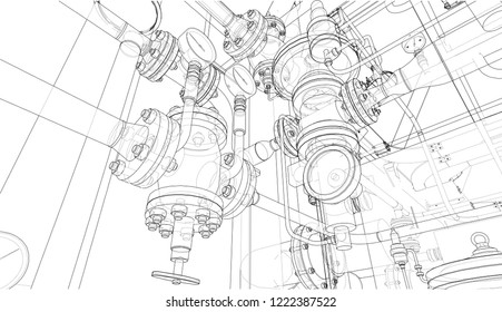 Boceto de equipo industrial. Vector de renderizado 3D. Estilo de marco de alambre. Las capas de líneas visibles e invisibles están separadas