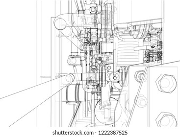 Sketch of industrial equipment. Vector rendering of 3d. Wire-frame style. The layers of visible and invisible lines are separated
