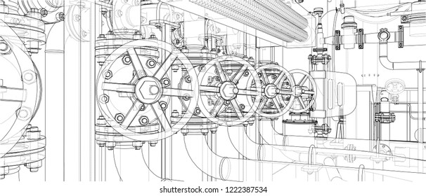 Sketch of industrial equipment. Vector rendering of 3d. Wire-frame style. The layers of visible and invisible lines are separated