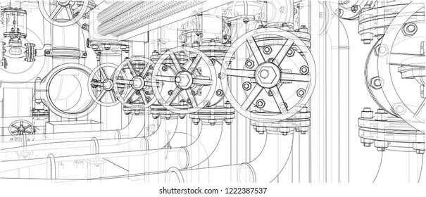 Sketch of industrial equipment. Vector rendering of 3d. Wire-frame style. The layers of visible and invisible lines are separated