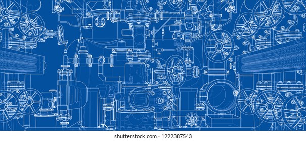 Sketch of industrial equipment. Vector rendering of 3d. Wire-frame style. The layers of visible and invisible lines are separated