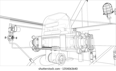 Sketch of industrial equipment. Vector rendering of 3d. Wire-frame style. The layers of visible and invisible lines are separated
