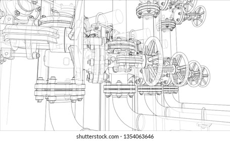 Sketch of industrial equipment. Vector rendering of 3d. Wire-frame style. The layers of visible and invisible lines are separated
