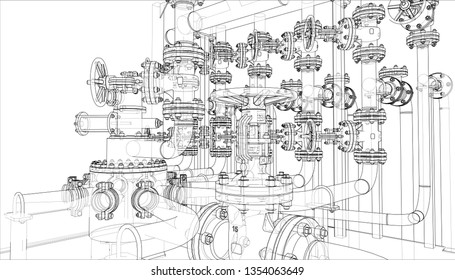 Sketch of industrial equipment. Vector rendering of 3d. Wire-frame style. The layers of visible and invisible lines are separated