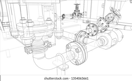 Sketch of industrial equipment. Vector rendering of 3d. Wire-frame style. The layers of visible and invisible lines are separated