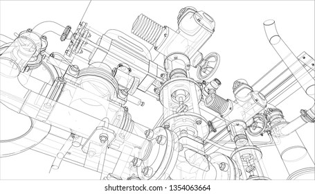 Sketch of industrial equipment. Vector rendering of 3d. Wire-frame style. The layers of visible and invisible lines are separated