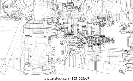 Sketch of industrial equipment. Vector rendering of 3d. Wire-frame style. The layers of visible and invisible lines are separated