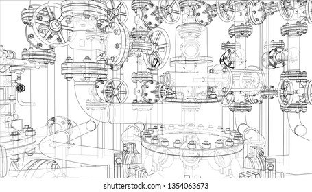 Sketch of industrial equipment. Vector rendering of 3d. Wire-frame style. The layers of visible and invisible lines are separated