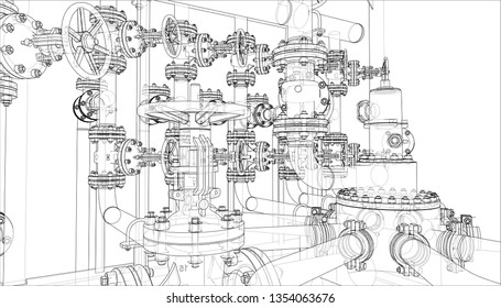 Sketch of industrial equipment. Vector rendering of 3d. Wire-frame style. The layers of visible and invisible lines are separated