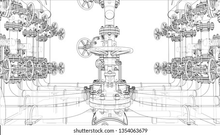 Sketch of industrial equipment. Vector rendering of 3d. Wire-frame style. The layers of visible and invisible lines are separated