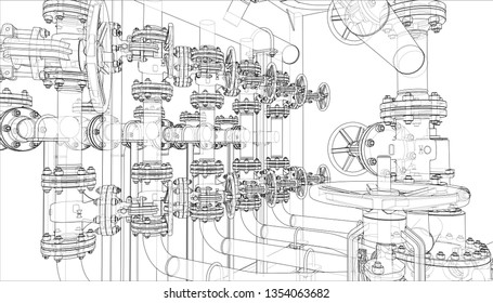 Sketch of industrial equipment. Vector rendering of 3d. Wire-frame style. The layers of visible and invisible lines are separated